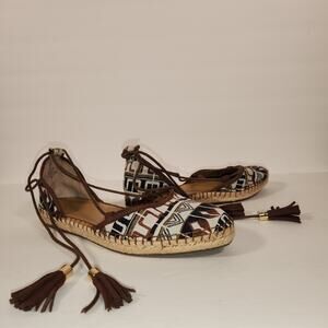 FRANCO SARTO Dream Tie Ankle Espadrille Sandal Womens 9M Brown White Geometric